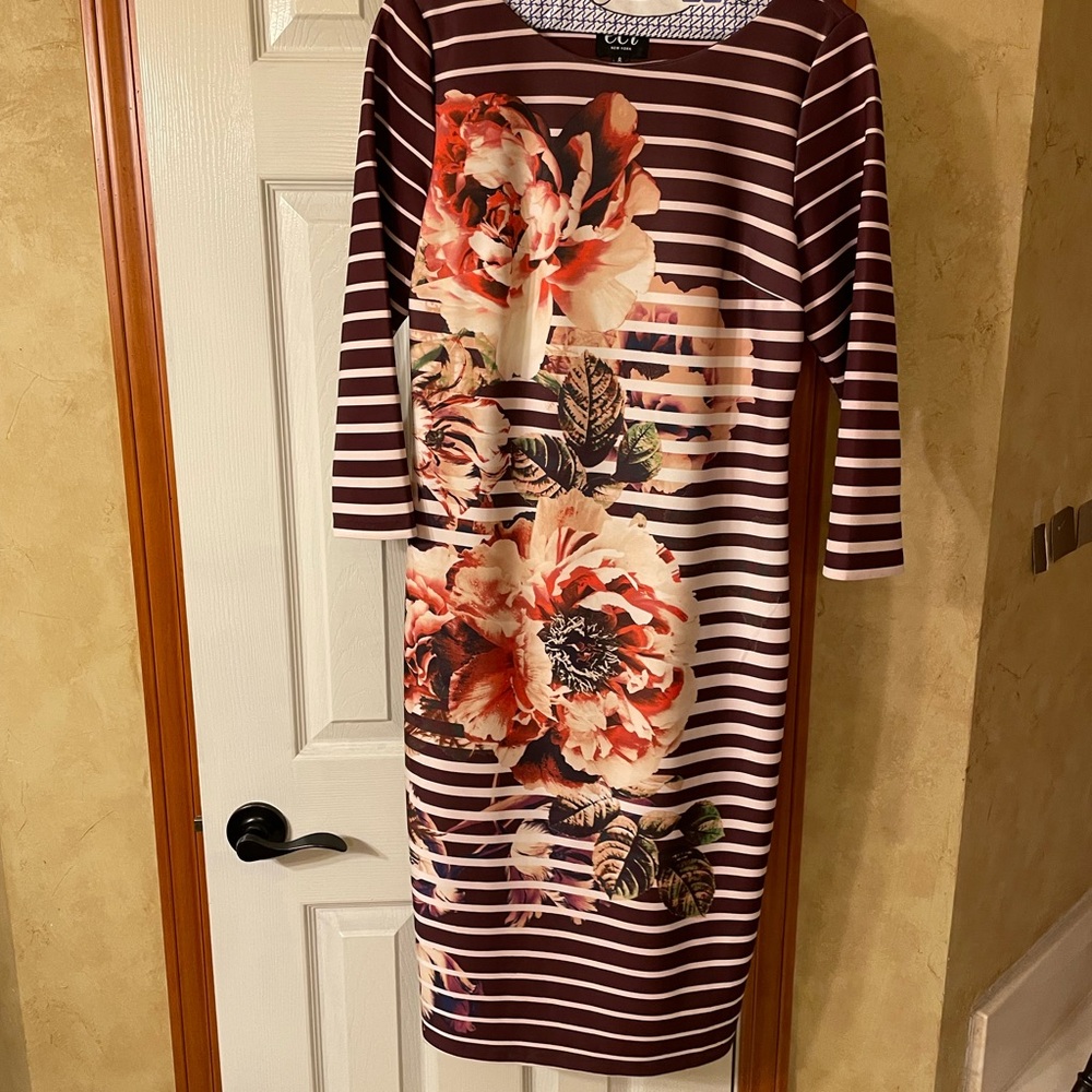 Floral Striped Dress - Brown and Pink